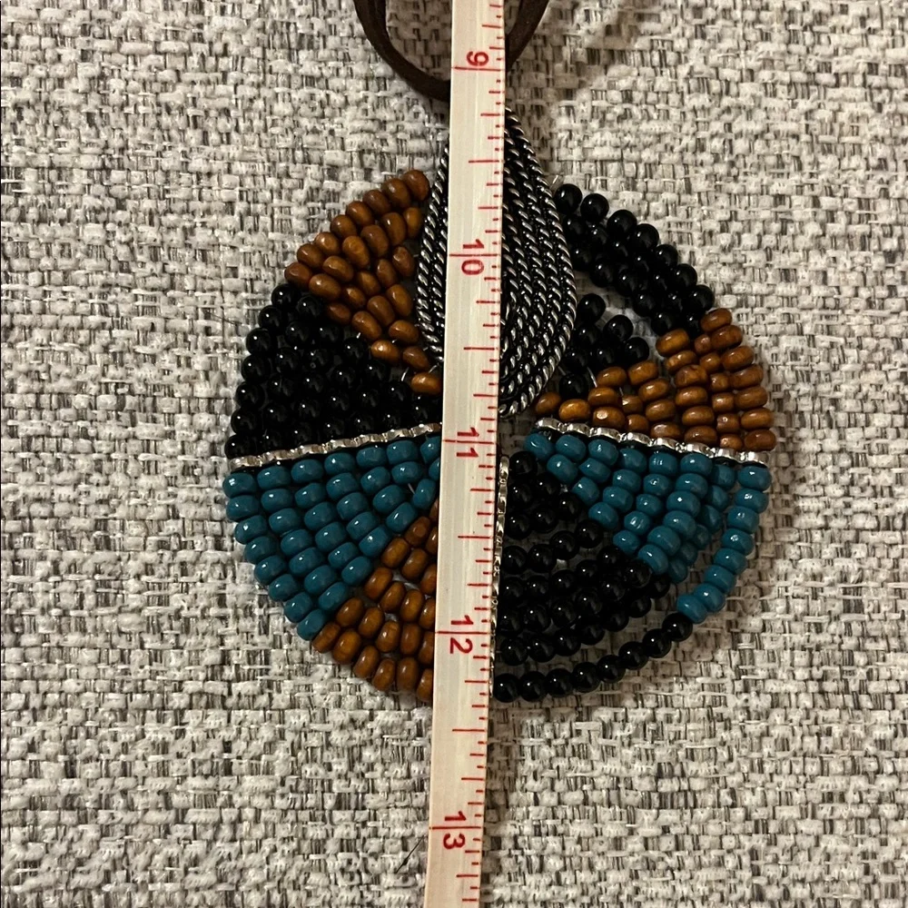Handcrafted Beaded Pendant Necklace Black Brown Blue with Silver‎ Tone Accents